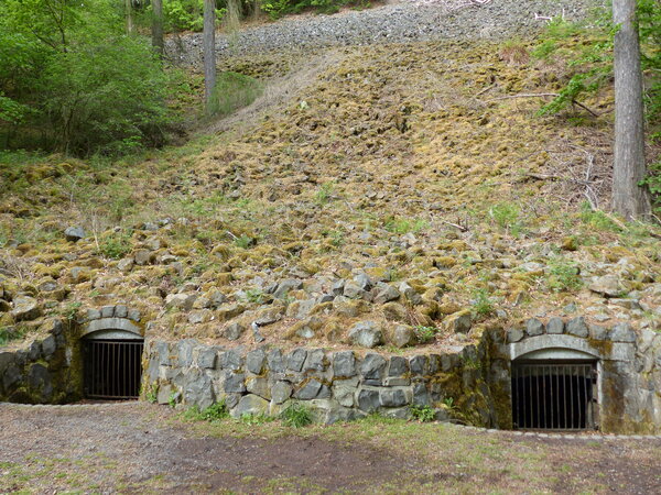 Die Basalt-Geröllhalde des Ewigen Eises am Südhang der Dornburg mit den beiden historischen Eisstollen-Eingängen.