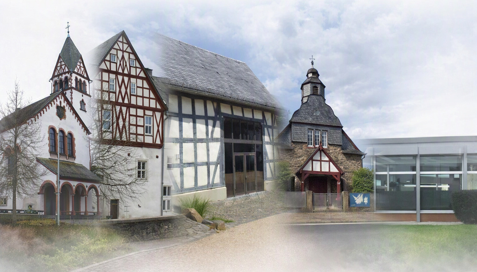 Bildcollage aus fünf Gebäuden in Langendernbach: kath. Pfarrkirche St. Matthias, Hofhaus, Kulturscheune, evangelische Kapelle und Mehrzweckhalle.
